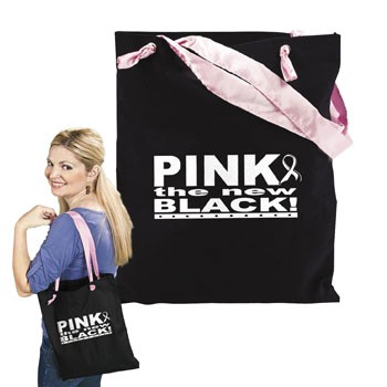 Black Cotton Tote With Pink Satin Handles
